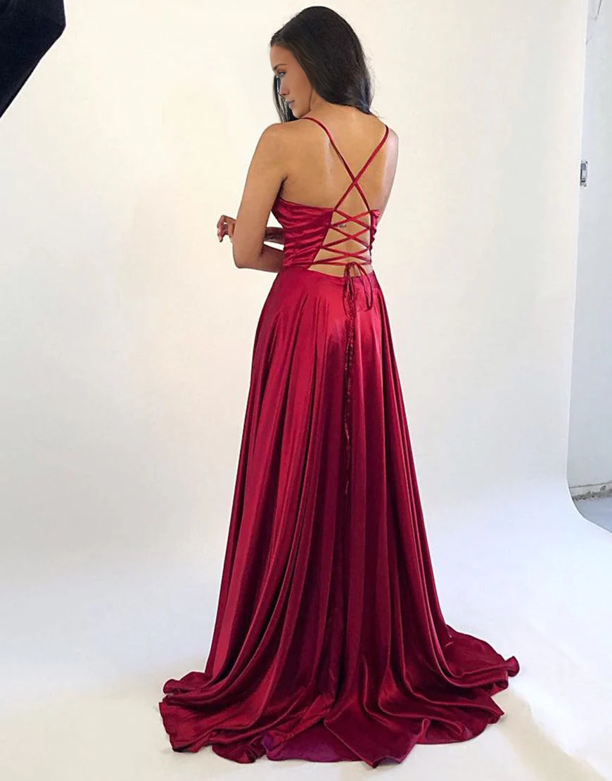 satin thin shoulder strap with deep red side slit and floor length Prom dress