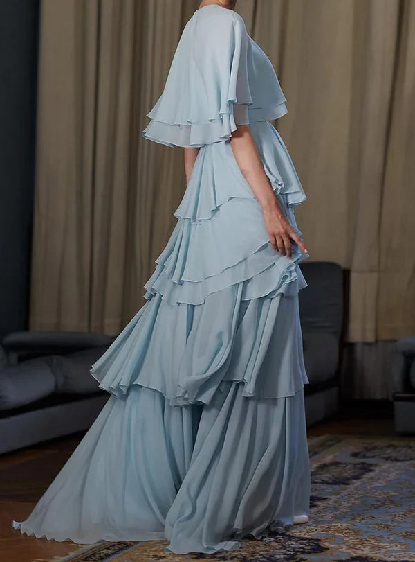 girlhomeshops-Blue cape-style gown with flowing chiffon ruffles, long prom dress gh5753
