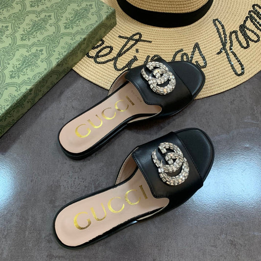 Gucci Double G Slippers Leather Beaded In Black