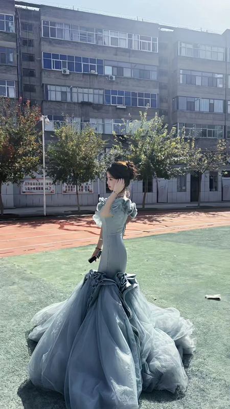 Gray-blue off-shoulder fitted waist bodycon mermaid long ball gown R8699