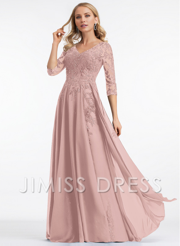 A-line V-neck floor mopping lace chiffon with sequins, mother of the bride dress