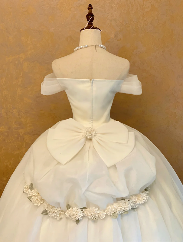 White Off-the-Shoulder Waist-Cinched Puffball Skirt Ball Gown, Bridal Gown R7362