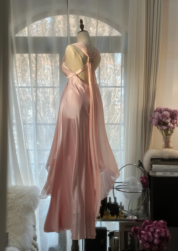 Light pink sleeveless fitted waist bodycon long ball gown R7712