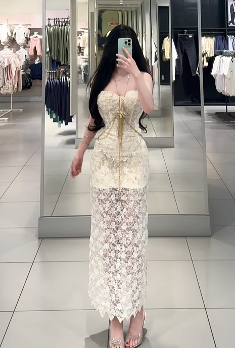 Light apricot strapless fitted waist slim lace skirt sexy long ball gown R7904