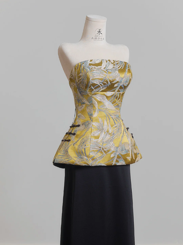 Yellow strapless satin top and black skirt suit, ball gown, wedding dress R8222