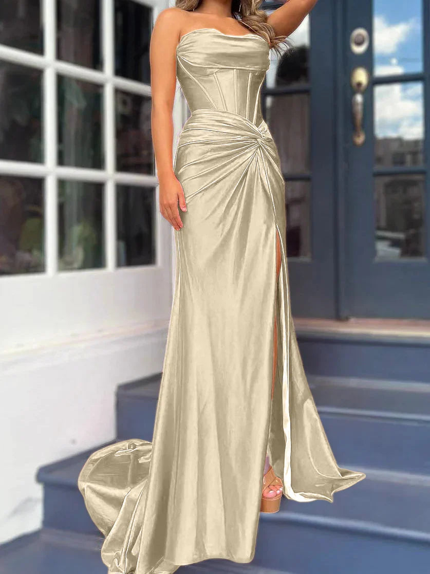 Tight fit/column without shoulder straps and ground length split prom dress