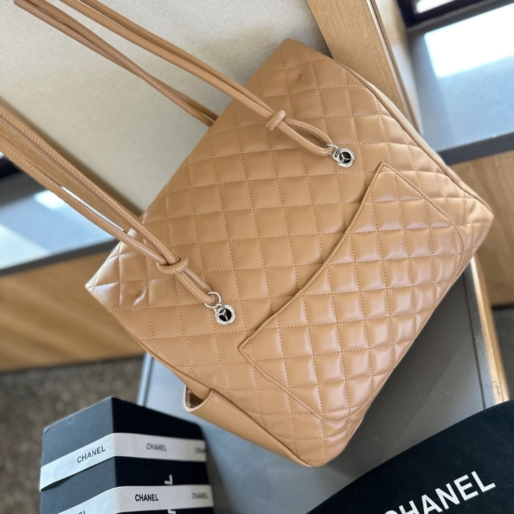 Chanel Cambon Shopping Bag Quilted Beige And Black 36Cm