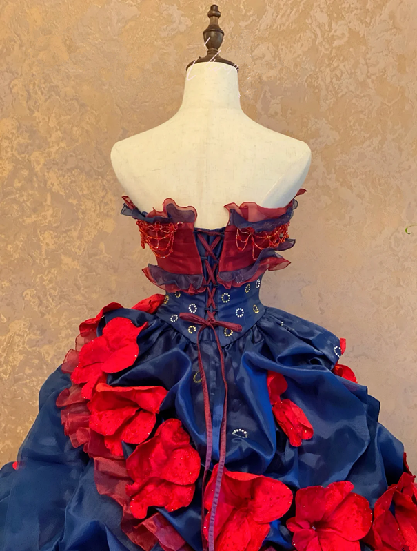 Red and Blue Color-Block Strapless Waist-Cinched Puffball Skirt Floor-Length Ball Gown, Bridal Gown R7365