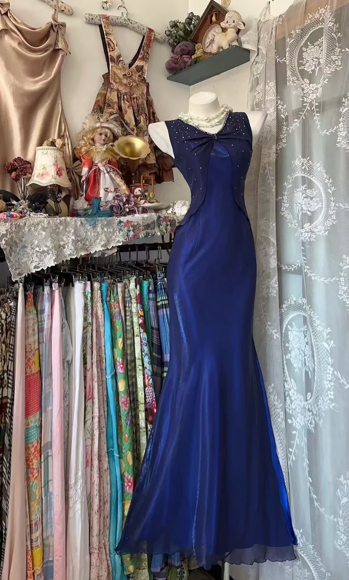 Elegant Royal Blue V Neck Satin Chiffon Beaded Mermaid Prom Dress Long Party Gown