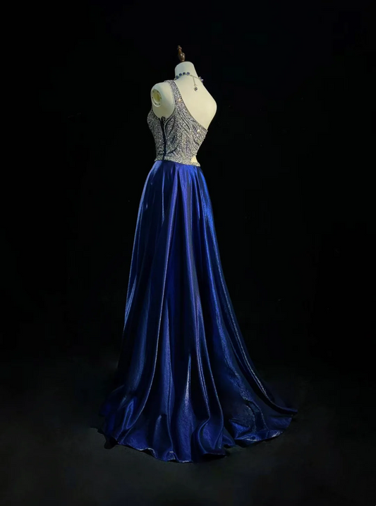 One Shoulder Royal Blue Prom Party Dress Beads Evening Gowns