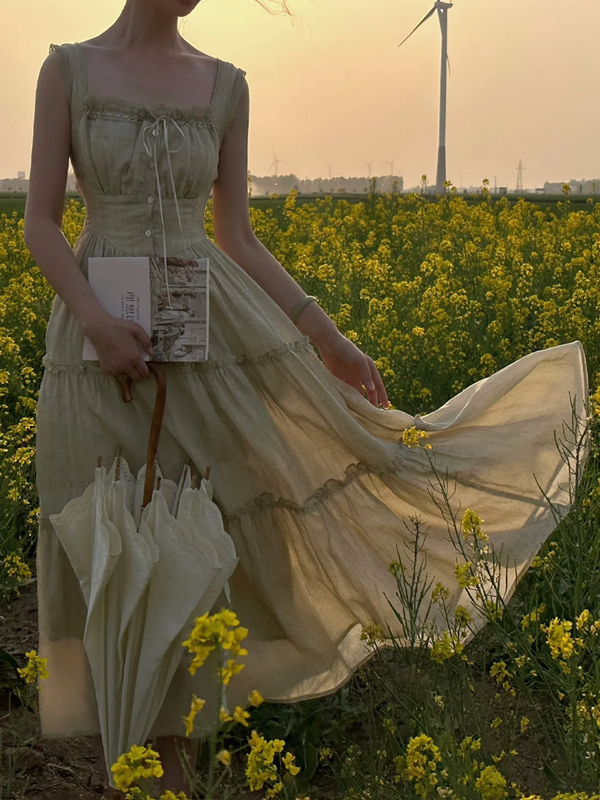 Light sage green spaghetti strap, waist-cinched long elegant prom dress R7989