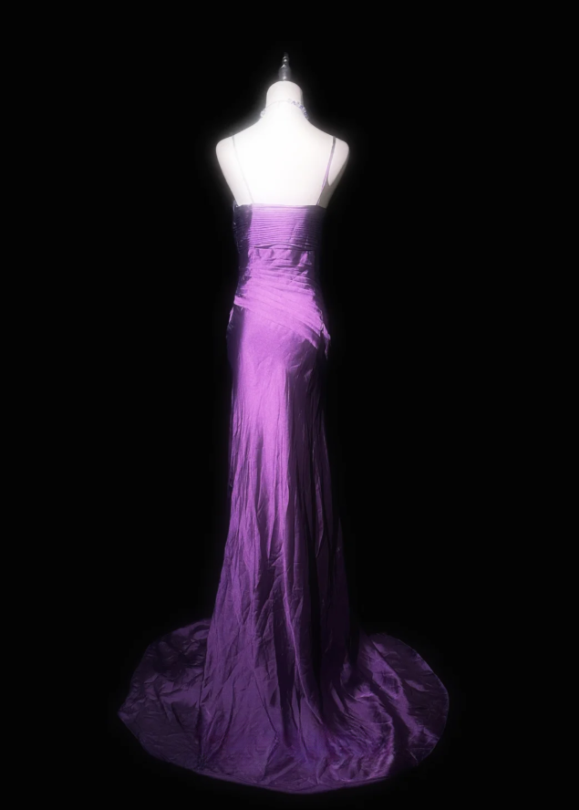 Sexy Spaghetti Straps Purple Satin Pleated Mermaid Long Prom Dress Evening Gown
