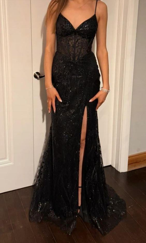 Sexy Spaghetti Straps Black Tulle Sequin Slit Mermaid Long Evening Dress Wedding Guest Dress SP1325