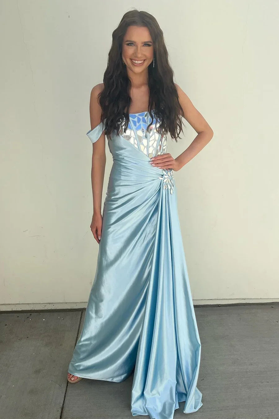 Light Blue One-Shoulder Ruching Long Formal Dress with Broken Mirrors TP79