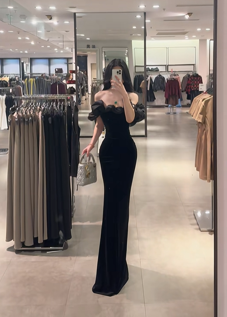 Black off-the-shoulder waist-cinching slim-fit bodycon sexy long prom dress R7914