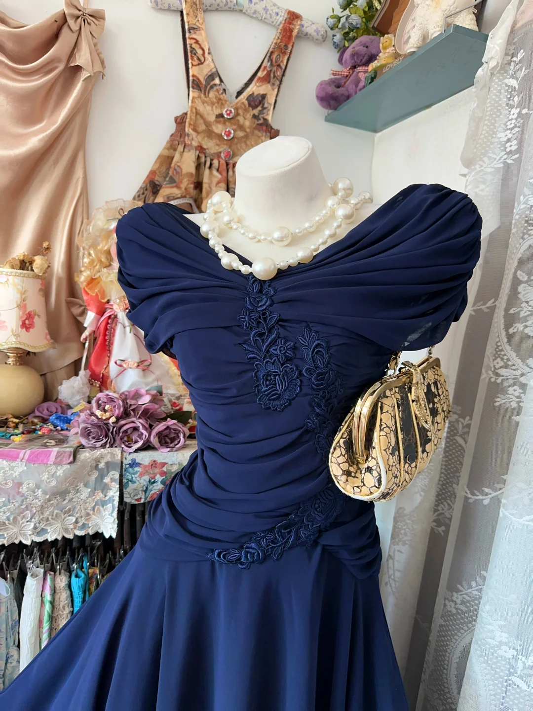 Navy Cowl Neck Waist Cinched Elegant Evening Party Gown gh7191