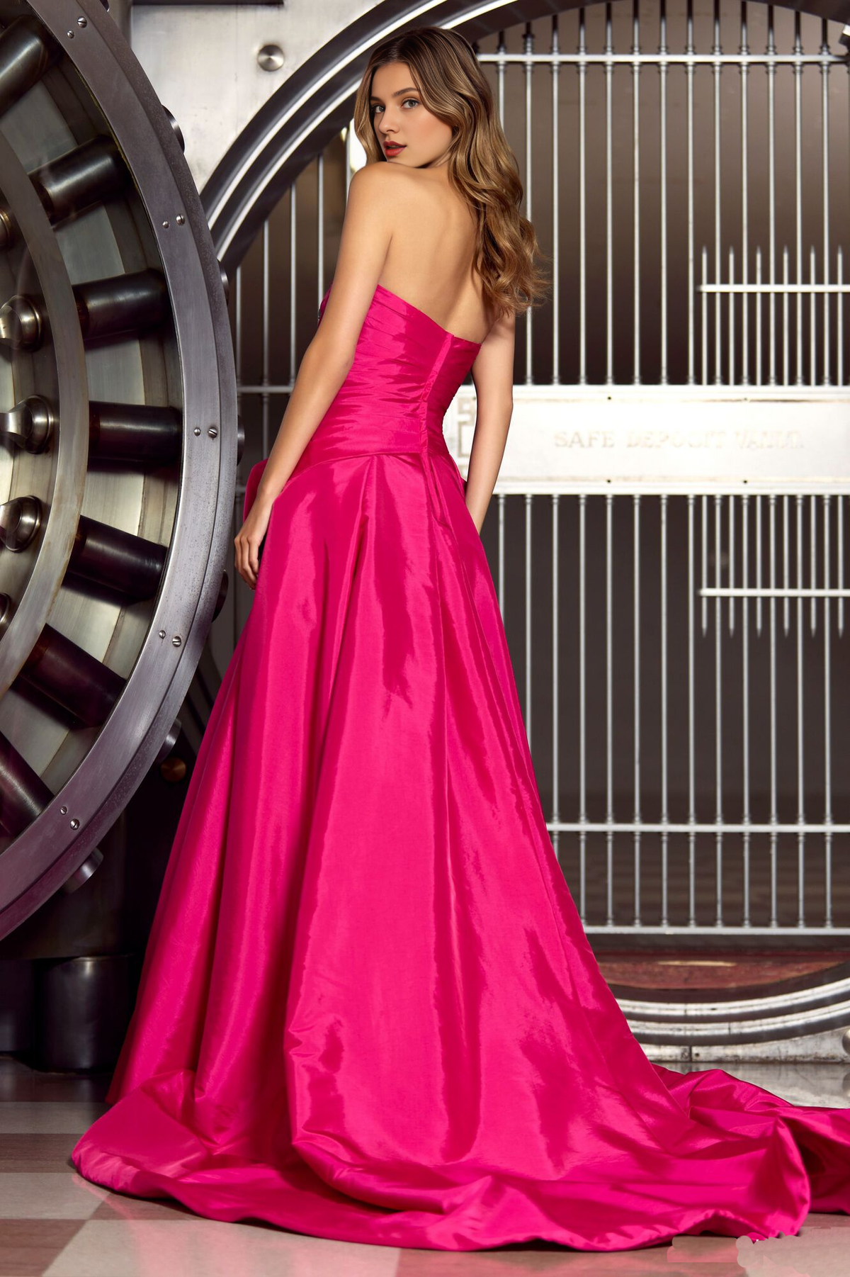 Strapless waistband bow high slit and floor length Prom dress