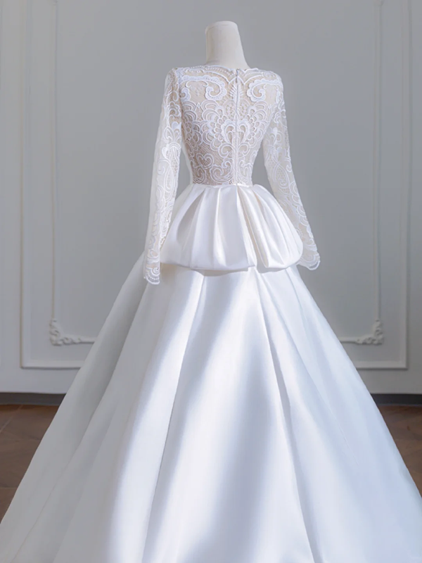White satin fitted long ball gown, elegant wedding dress R8248
