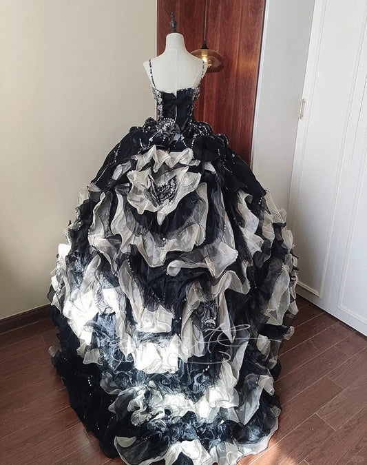 Girlhomeshops-Black and white Quinceanera Dresses, gorgeous beaded long tulle black swan dress, ball gowns, princess adult dress, 16-year-old dress gh5291