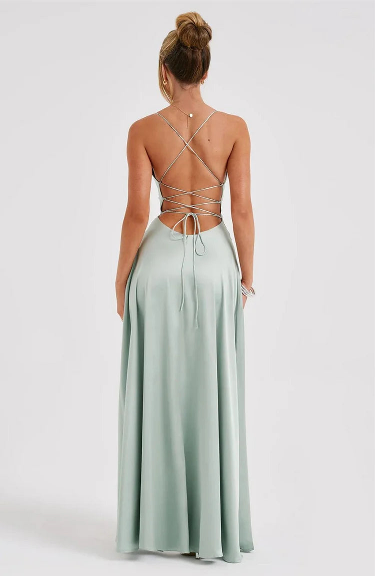 square neckline off shoulder sleeveless thin shoulder strap backless and floor length Prom dress
