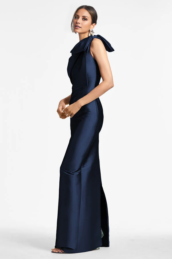 asymmetrical neckline off shoulder sleeveless bow detail backless and floor length Prom dress