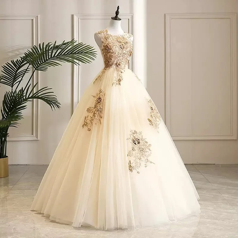 Girlhomeshops-Champagne shimmering gold gorgeous floral bead decoration and formal ball dress with lace up, stunning wedding dress gh5311