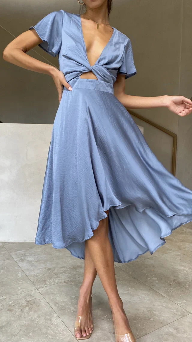 deep V-neck butterfly sleeves knee length Prom dress