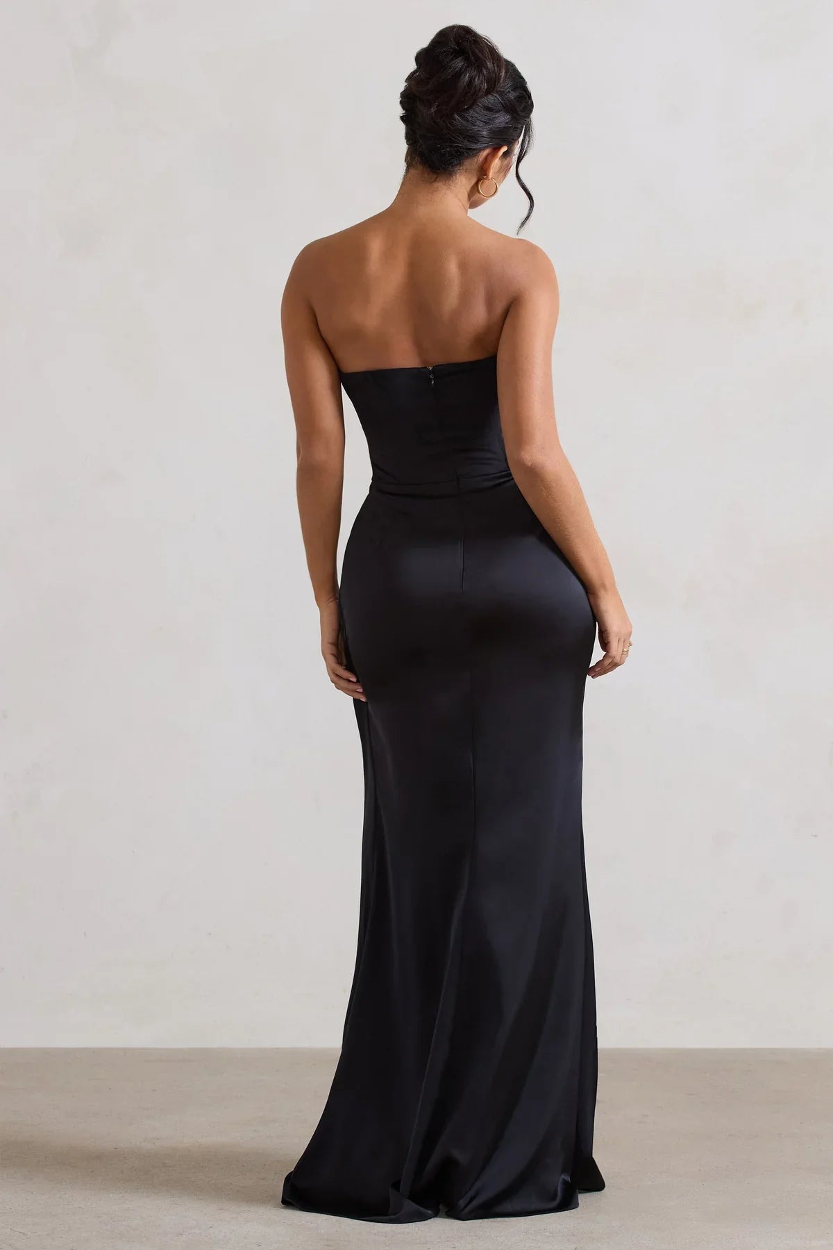 Lotus leaf edge hanging black satin strapless slit and floor length evening dress - dress