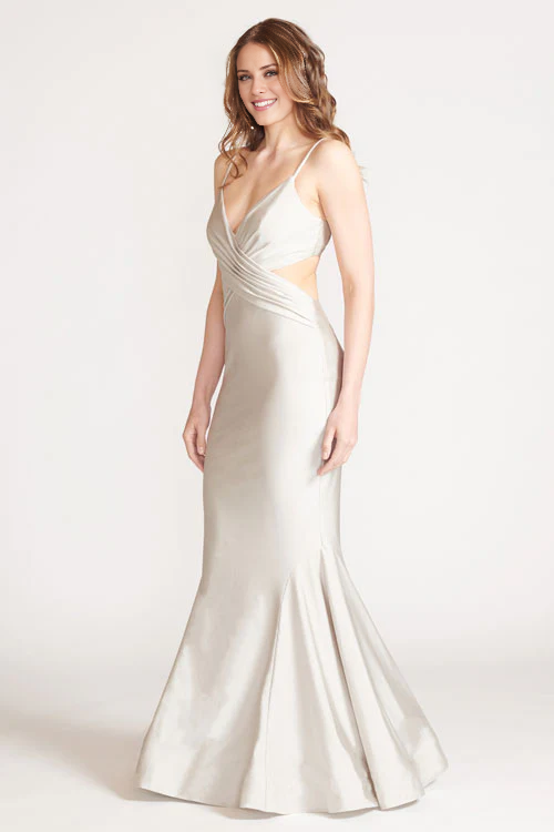 Mermaid V collar off shoulder sleeveless thin shoulder strap off back and floor length Prom dress