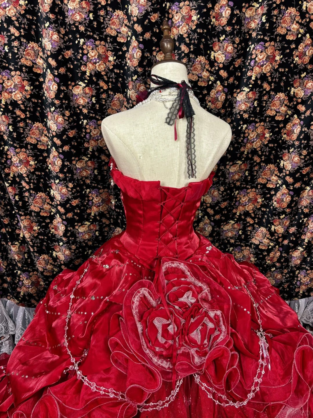 Red floral beaded long satin ball gown evening dress gh4768