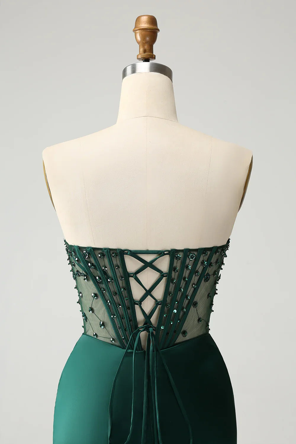 Deep green mermaid bead tight corset strapless slit long ball dress