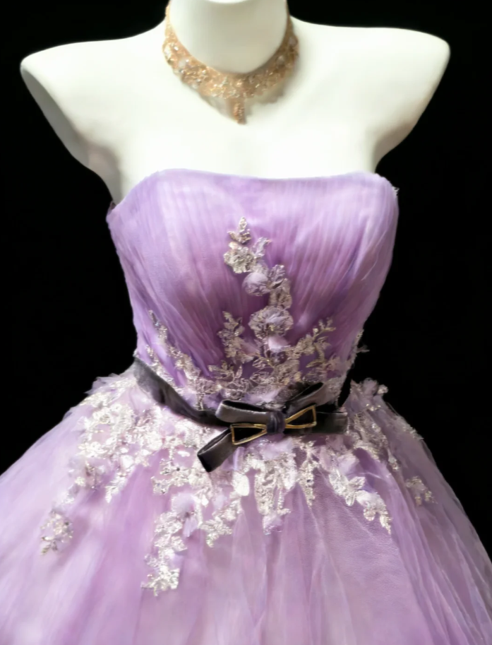Fairy Strapless Lavender Tulle Appliques Long Birthday Prom Gown Party Dress SP1589