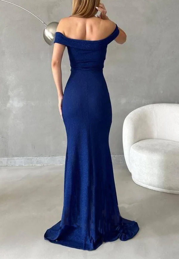 Unique fit sparkling off shoulder side slit evening dress