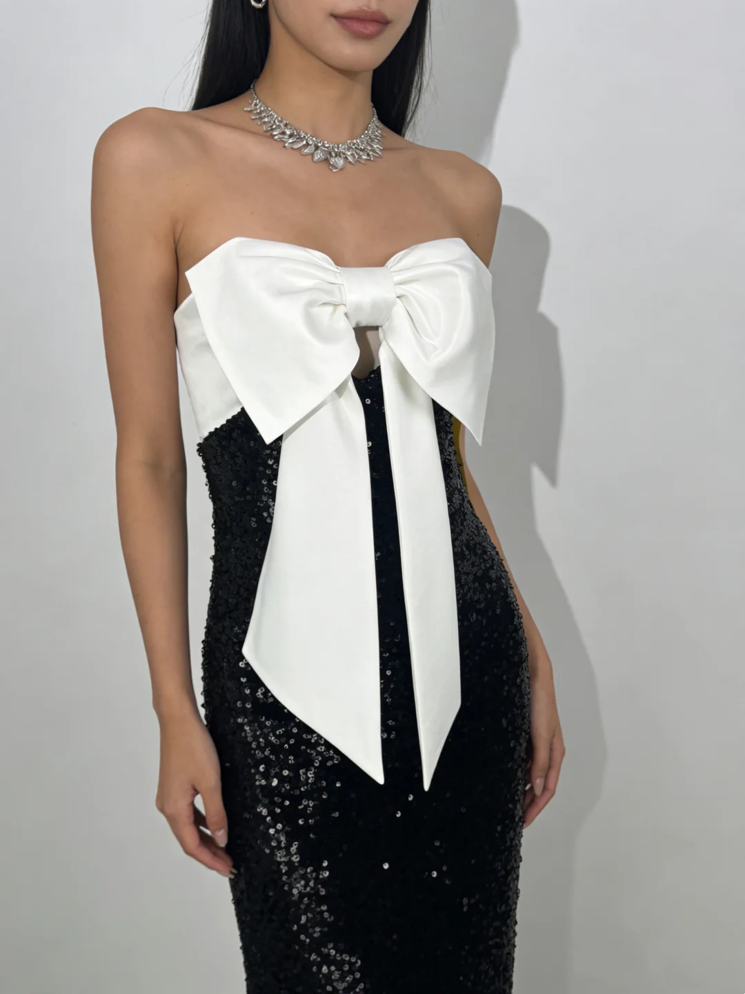 Strapless Dress with Bow Neckline, White & Black Sequin, Sexy Fitted Waist Slim Prom & Evening Gown gh7230
