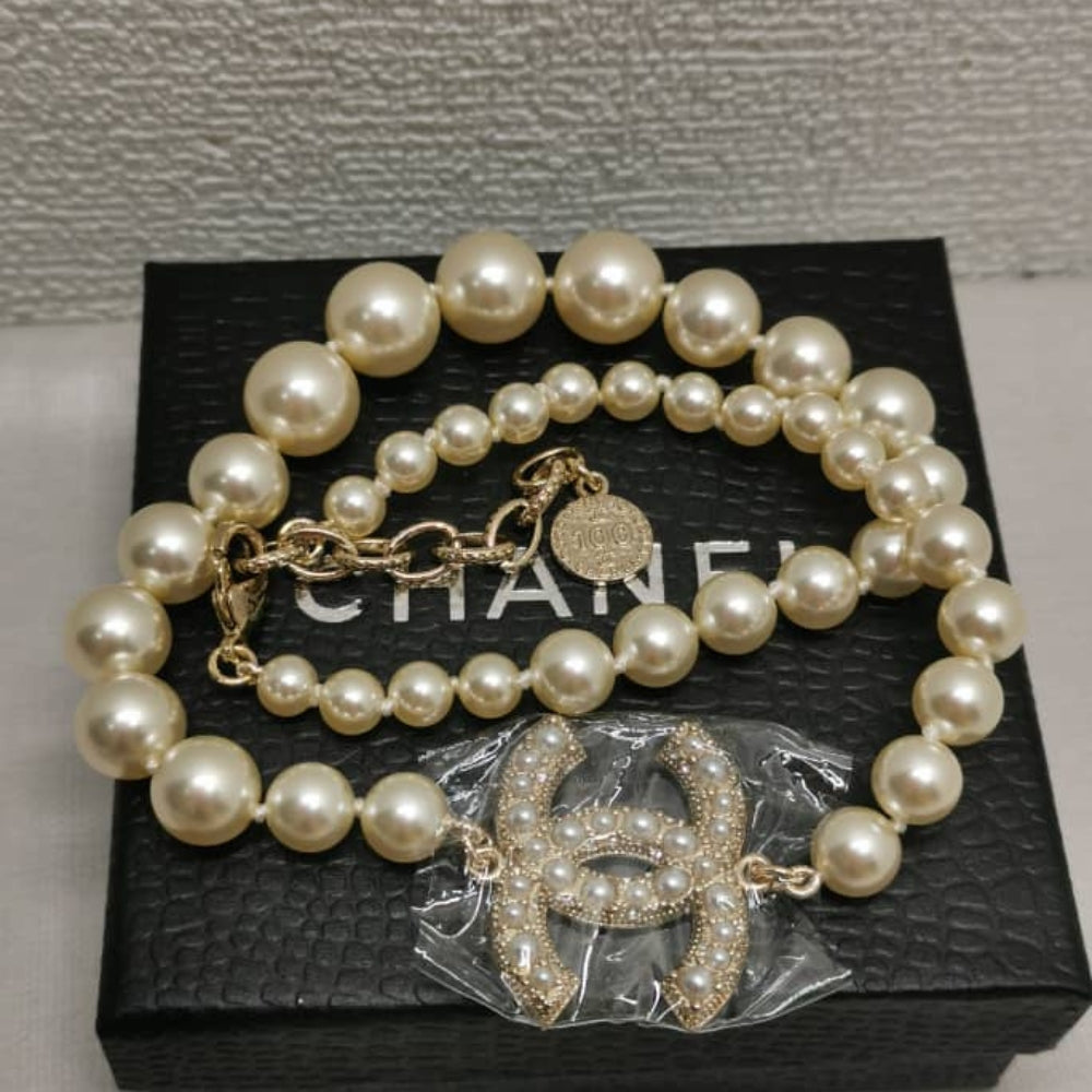 Chanel Metallic Silver Tone Coco Faux Pearl CC Necklace