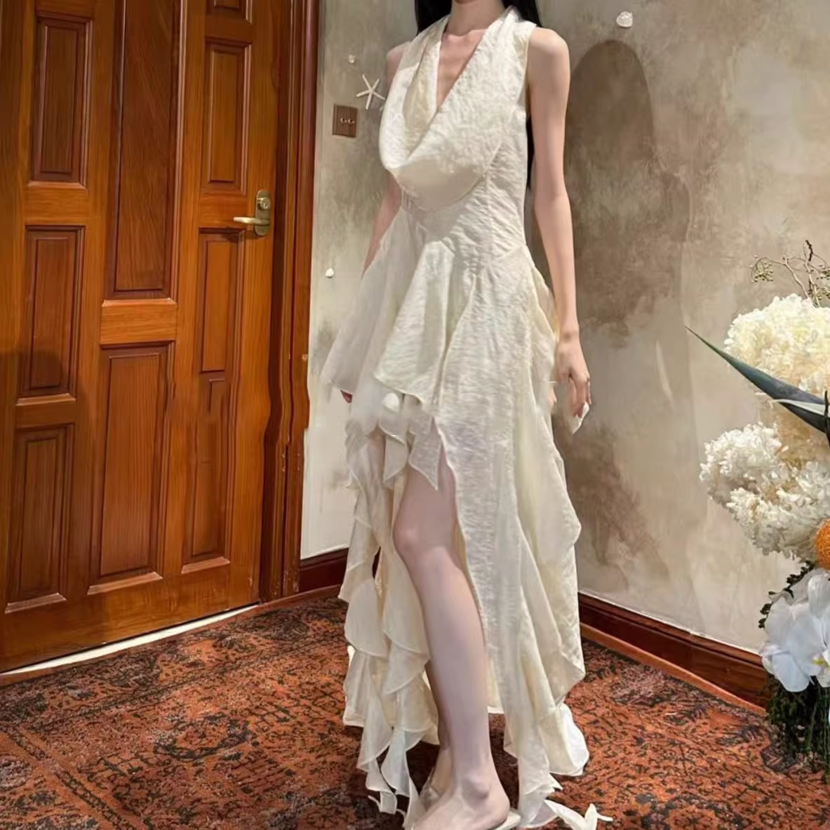 Romantic Halter Neck Draped Asymmetrical Ruffled Prom Dress TP5706