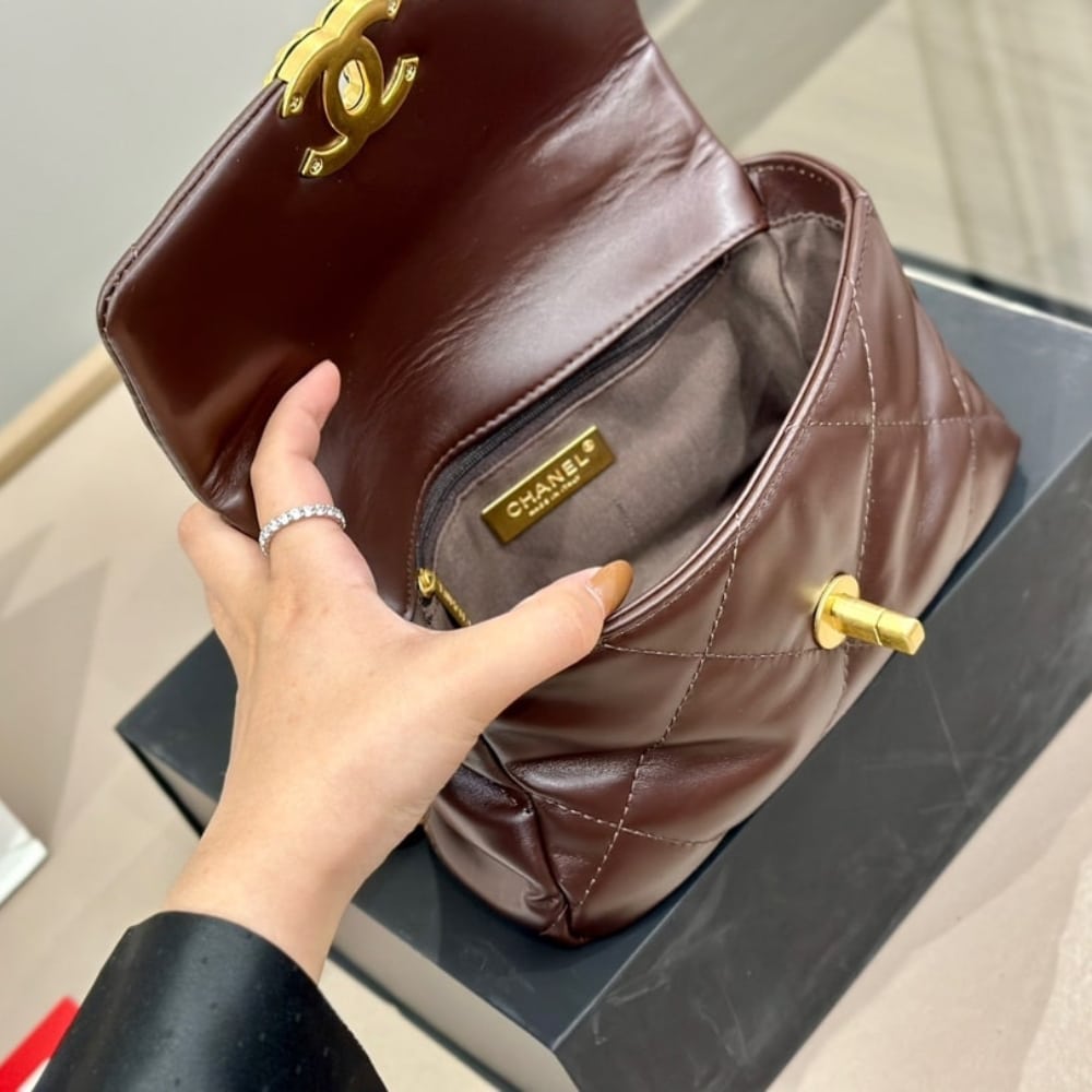 Chanel 19 Flap Bag Shiny Gold And Silver Tone Brown 20Cm