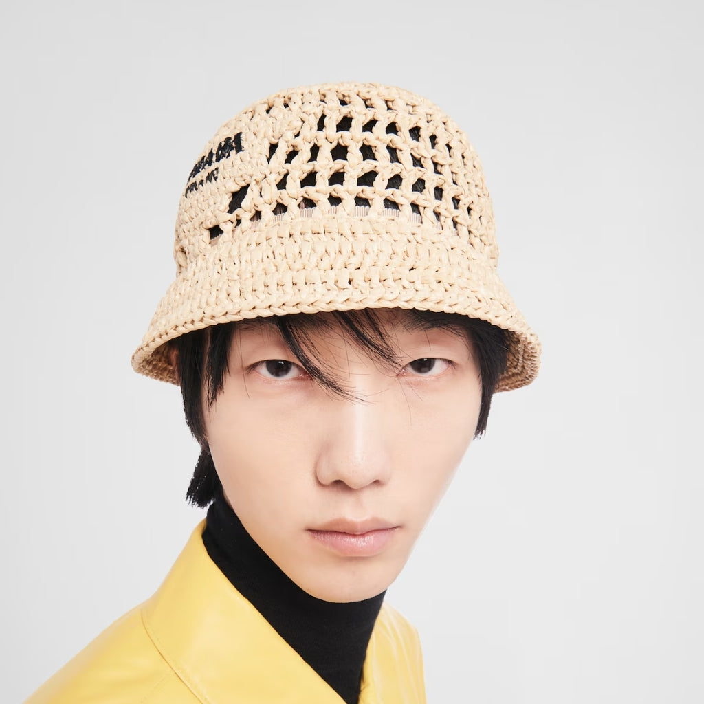 Prada Crochet Bucket Hat Raffia Natural