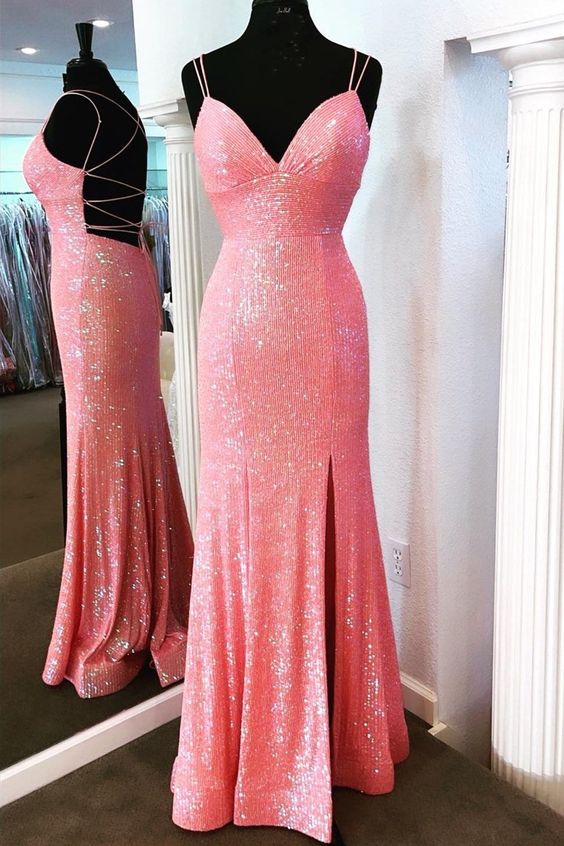 Long Pink Sparkle Sequins Prom Dresses Formal Evening Gowns