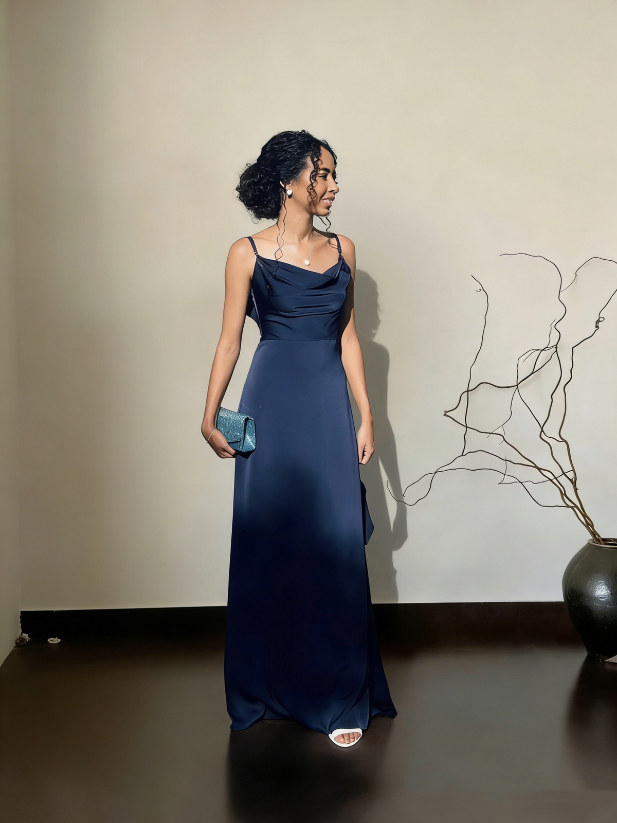 Classy Spaghetti Straps Navy Blue Satin A Line Long Birthday Party Dress Formal Wedding Guest Dress SP1532