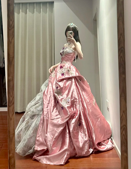 Pretty Pink Strapless Satin Pleated Appliques Ball Gown Sweet 16 Dress Formal Quinceanera Dress SP1189