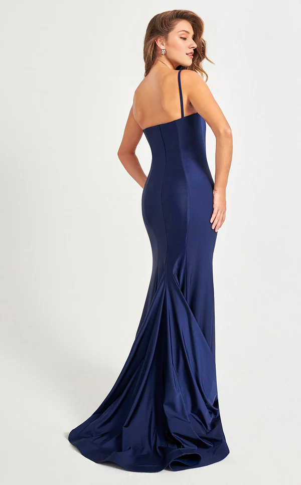 Asymmetric collar side slit and floor length Prom dress