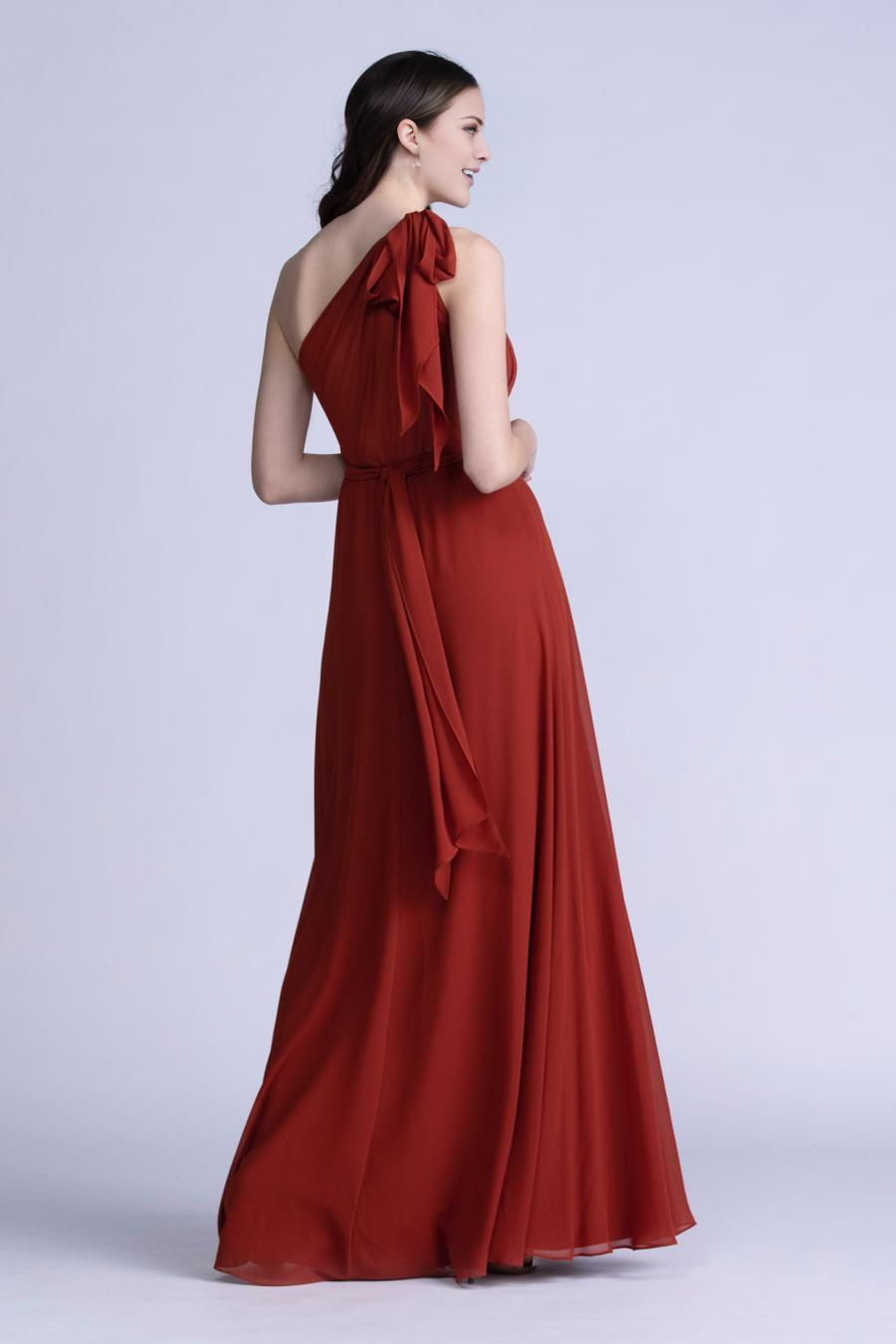 asymmetrical neckline backless and floor length evening dress