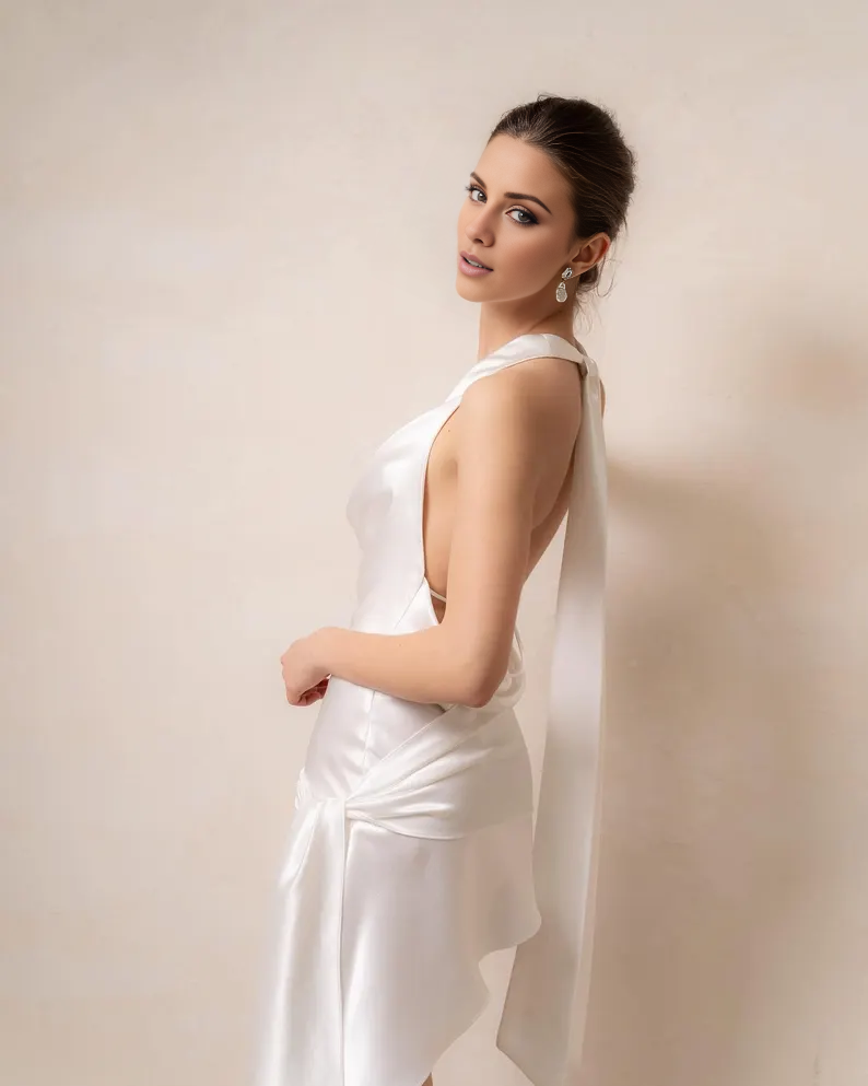 halter neckline backless satin mini skirt Homecoming dress