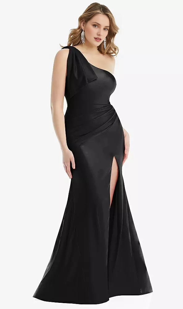 Stacked bow one shoulder silk satin mermaid Prom dress