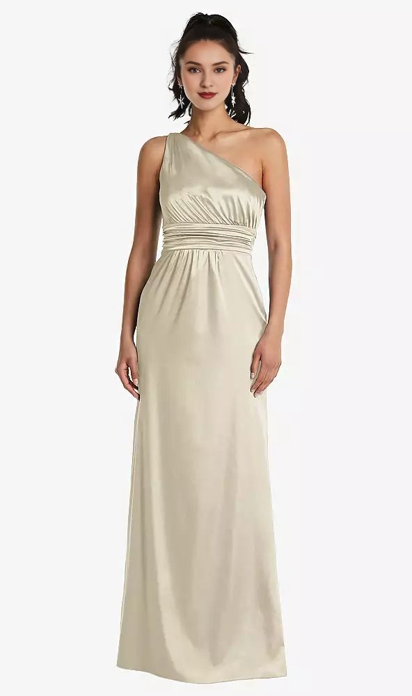 One shoulder hanging satin and floor length Prom dress