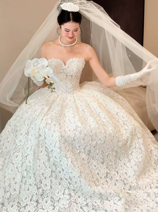 White strapless lace waist slim elegant puffy skirt long dress bridal dress R6030