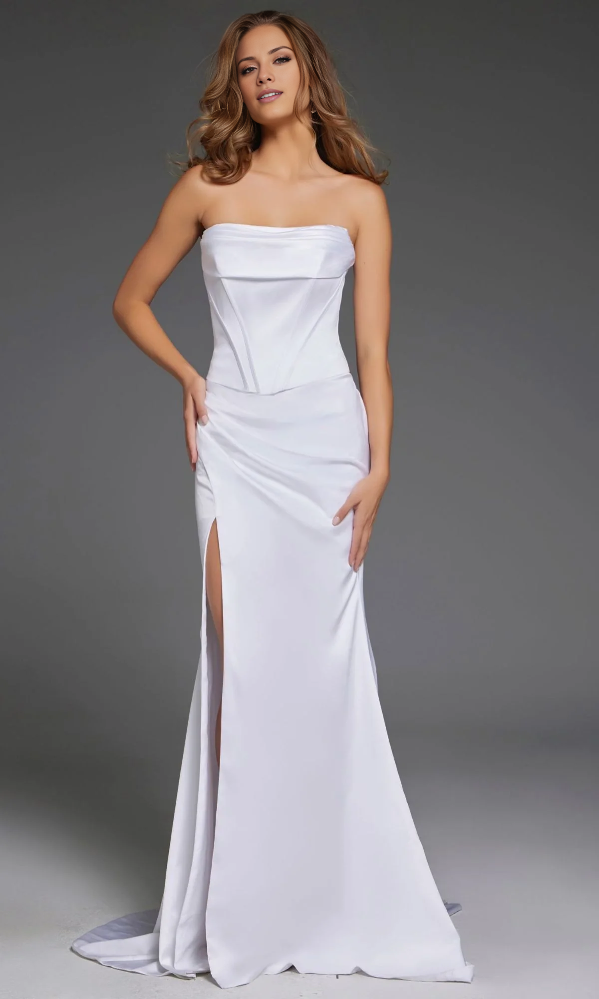 off shoulder strapless backless side slit and floor length evening dress
