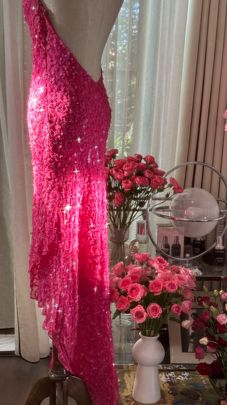 Rose pink halter neck backless sexy long ball gown R7755