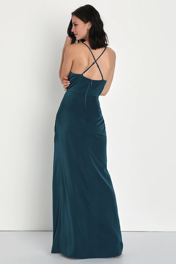 square neckline sleeveless thin shoulder strap backless side slit and floor length evening dress